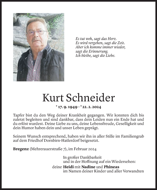 Todesanzeige von Kurt Schneider von Vorarlberger Nachrichten