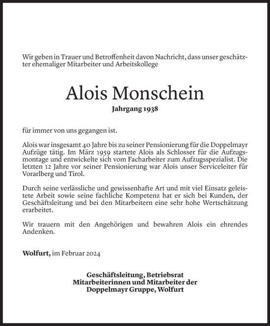 Todesanzeige von Alois Monschein von Vorarlberger Nachrichten