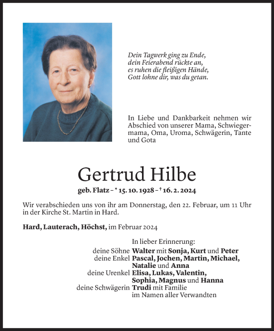 Todesanzeige von Gertrud Hilbe von Vorarlberger Nachrichten