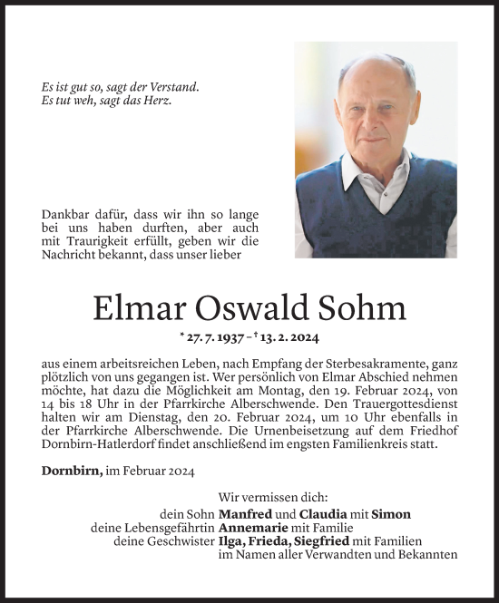 Todesanzeige von Elmar Oswald Sohm von Vorarlberger Nachrichten