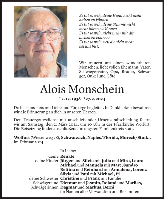 Todesanzeige von Alois Monschein von Vorarlberger Nachrichten