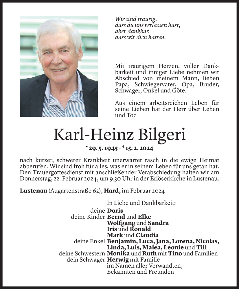  Todesanzeige für Karl-Heinz Bilgeri vom 20.02.2024 aus Vorarlberger Nachrichten