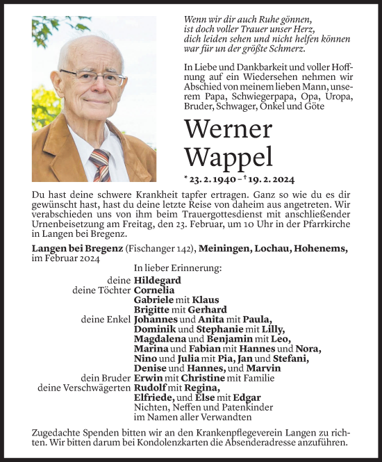 Todesanzeige von Werner Wappel von Vorarlberger Nachrichten