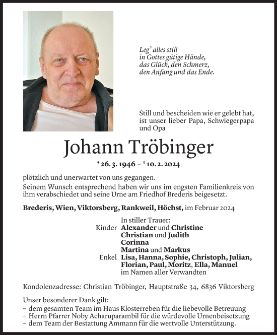 Todesanzeige von Hans Tröbinger von Vorarlberger Nachrichten