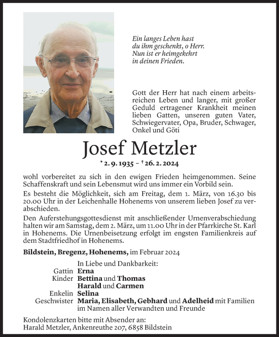 Todesanzeige von Josef Metzler von Vorarlberger Nachrichten