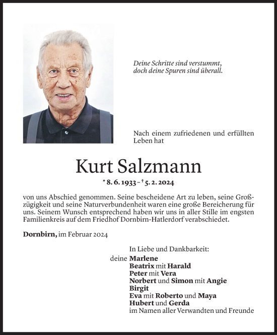 Todesanzeige von Kurt Salzmann von Vorarlberger Nachrichten