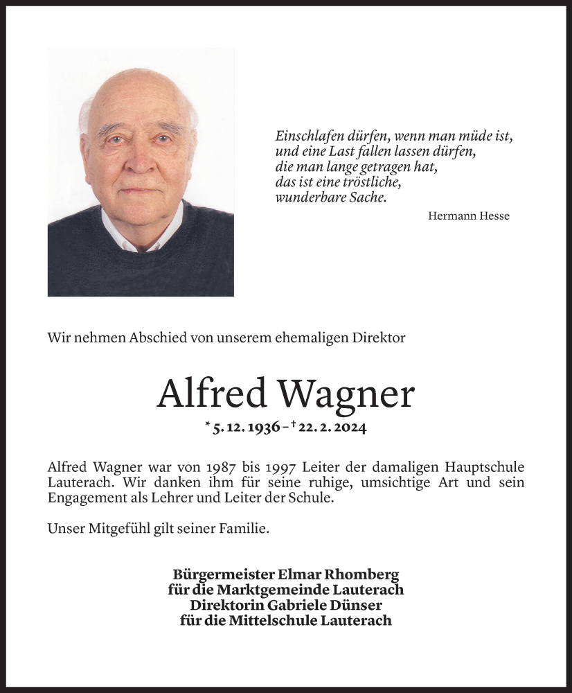  Todesanzeige für Alfred Wagner vom 29.02.2024 aus Vorarlberger Nachrichten