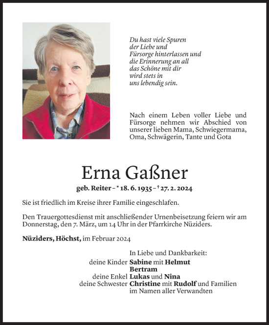 Todesanzeige von Erna Gaßner von Vorarlberger Nachrichten