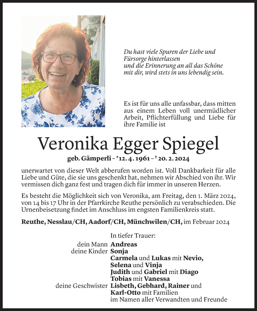  Todesanzeige für Veronika Egger Spiegel vom 28.02.2024 aus Vorarlberger Nachrichten