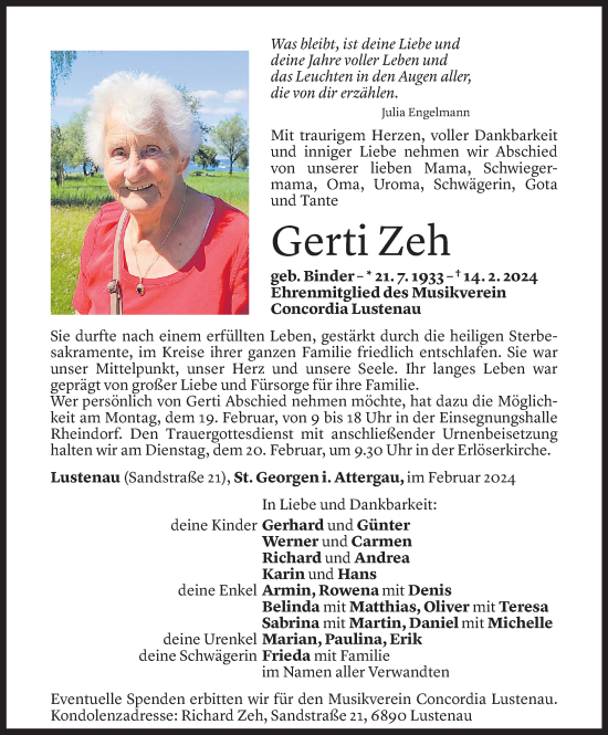 Todesanzeige von Gerti Zeh von Vorarlberger Nachrichten