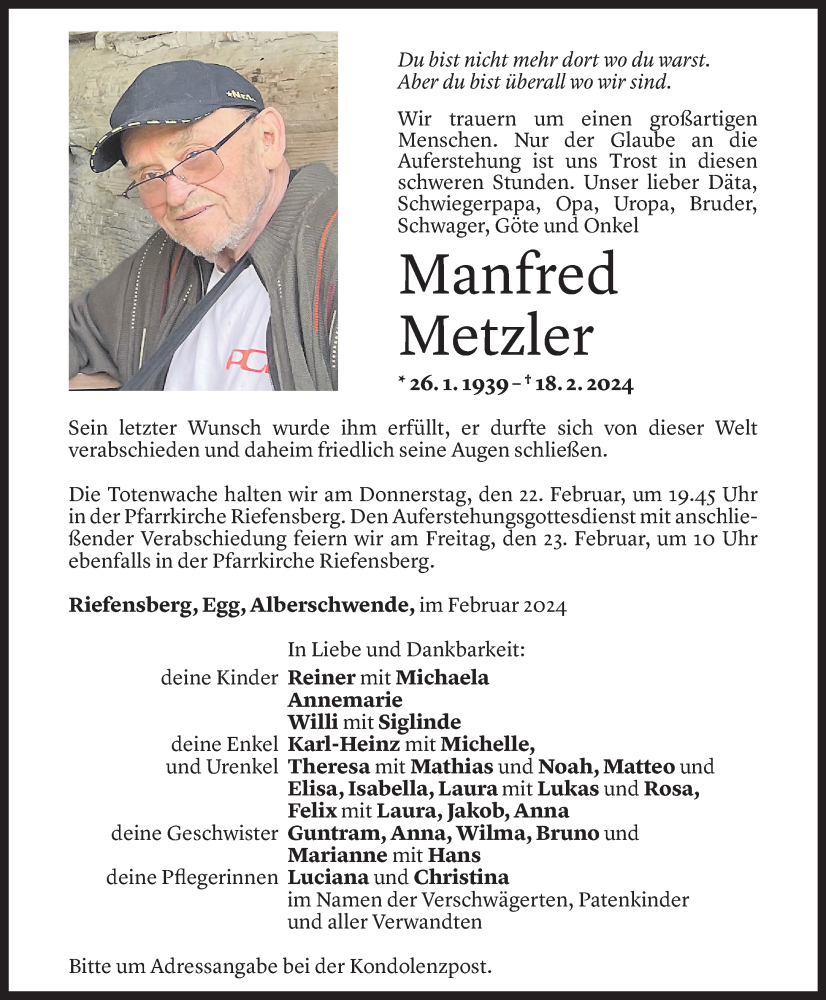  Todesanzeige für Manfred Metzler vom 21.02.2024 aus Vorarlberger Nachrichten