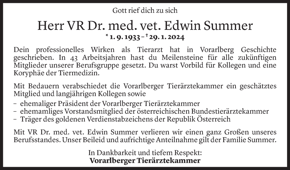  Todesanzeige für Edwin Summer vom 09.02.2024 aus Vorarlberger Nachrichten
