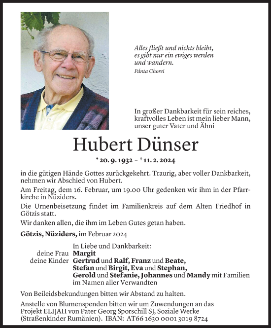 Todesanzeige von Hubert Dünser von Vorarlberger Nachrichten