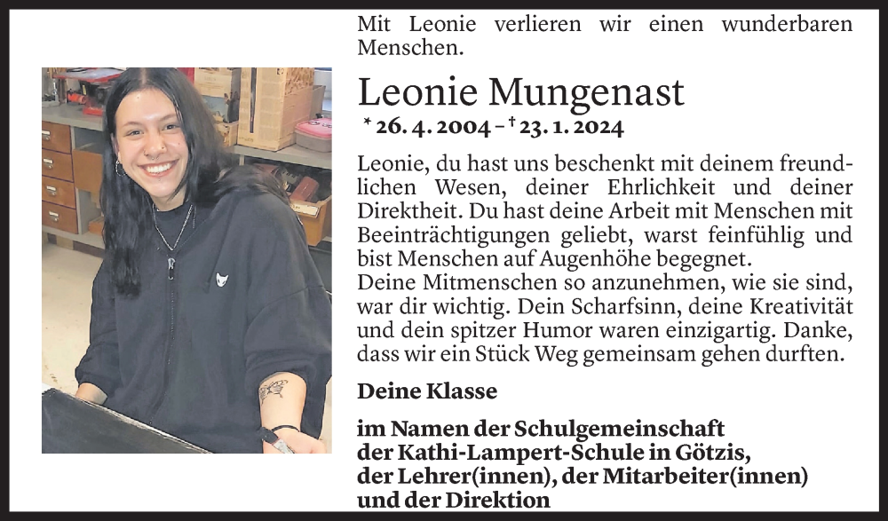  Todesanzeige für Leonie Mungenast vom 01.02.2024 aus Vorarlberger Nachrichten