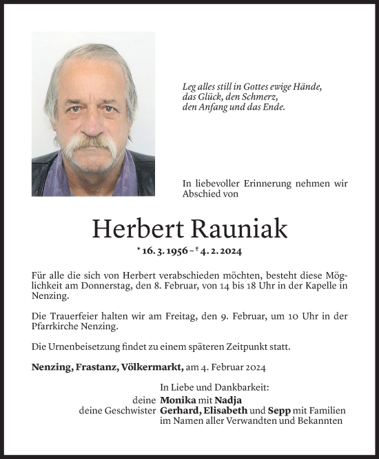 Todesanzeige von Herbert Rauniak von Vorarlberger Nachrichten