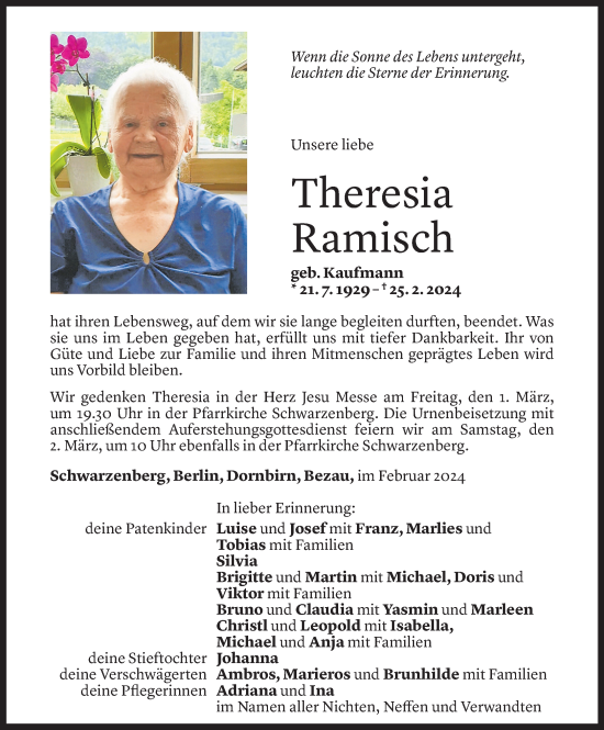 Todesanzeige von Theresia Ramisch von Vorarlberger Nachrichten