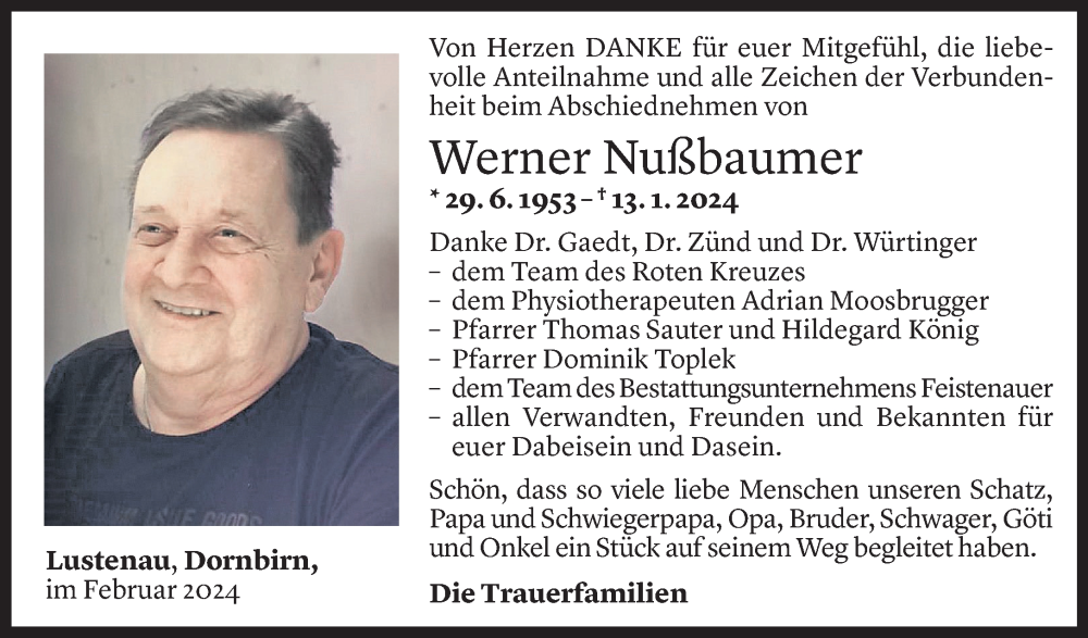  Todesanzeige für Werner Nußbaumer vom 10.02.2024 aus Vorarlberger Nachrichten