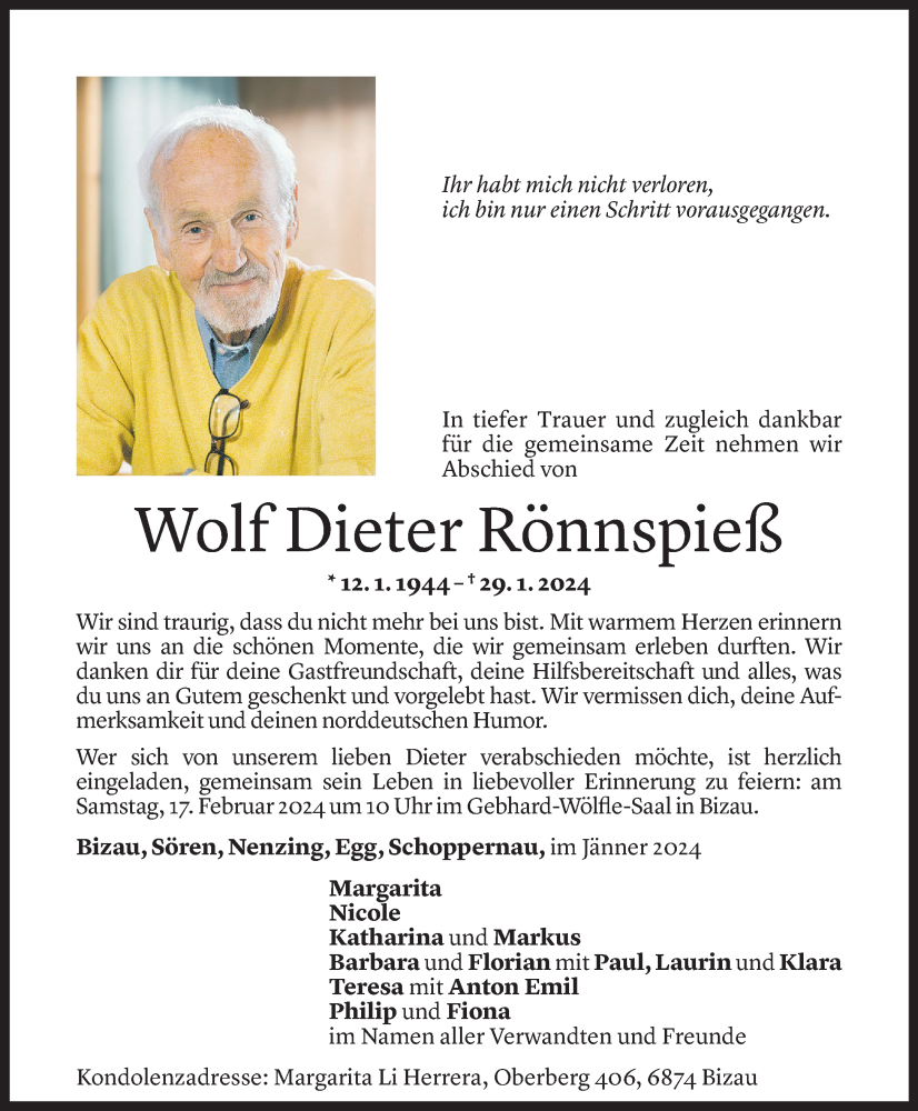  Todesanzeige für Wolf Dieter Rönnspieß vom 02.02.2024 aus Vorarlberger Nachrichten