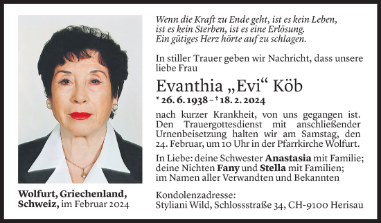 Todesanzeige von Evanthia Köb von Vorarlberger Nachrichten