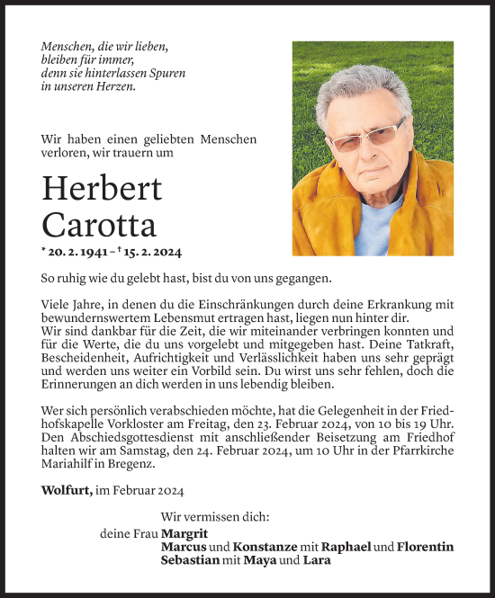 Todesanzeige von Herbert Carotta von Vorarlberger Nachrichten