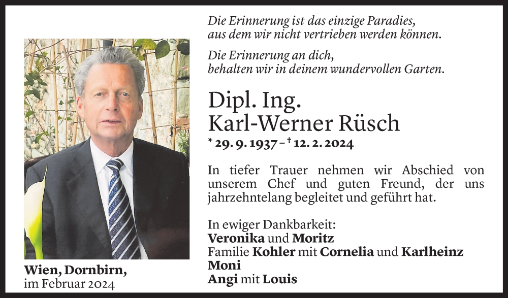  Todesanzeige für Karl-Werner Rüsch vom 17.02.2024 aus Vorarlberger Nachrichten
