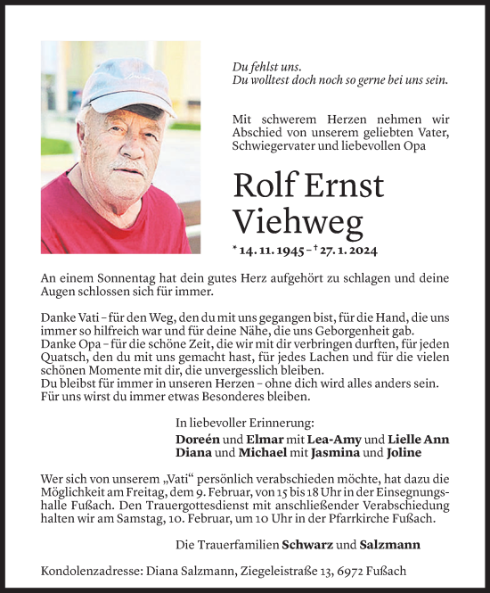 Todesanzeige von Rolf Ernst Viehweg von Vorarlberger Nachrichten