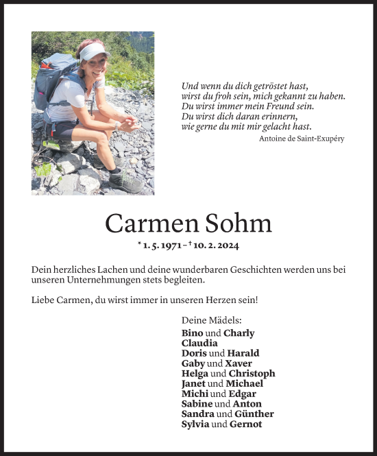 Todesanzeige von Carmen Sohm von Vorarlberger Nachrichten