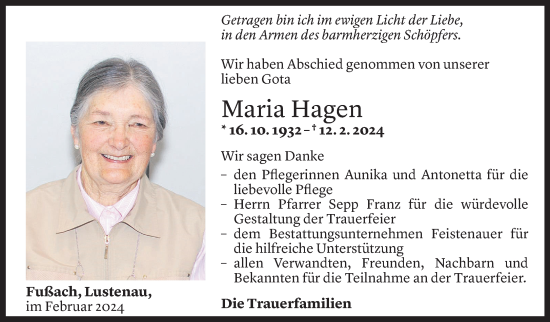 Todesanzeige von Maria Hagen von Vorarlberger Nachrichten