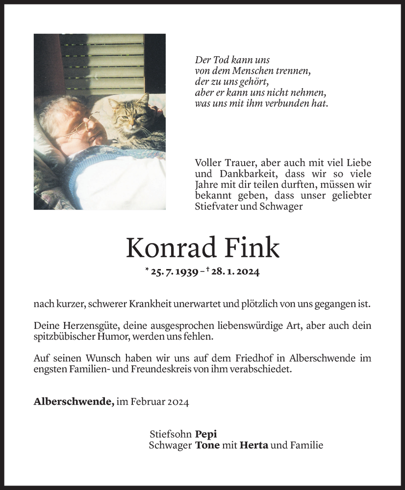  Todesanzeige für Konrad Fink vom 10.02.2024 aus Vorarlberger Nachrichten