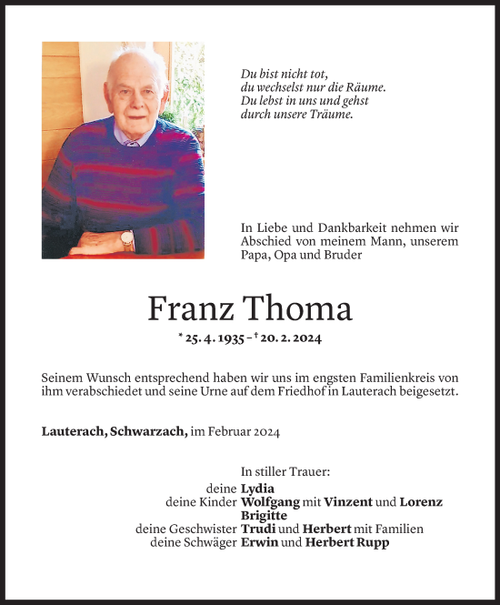 Todesanzeige von Franz Thoma von Vorarlberger Nachrichten