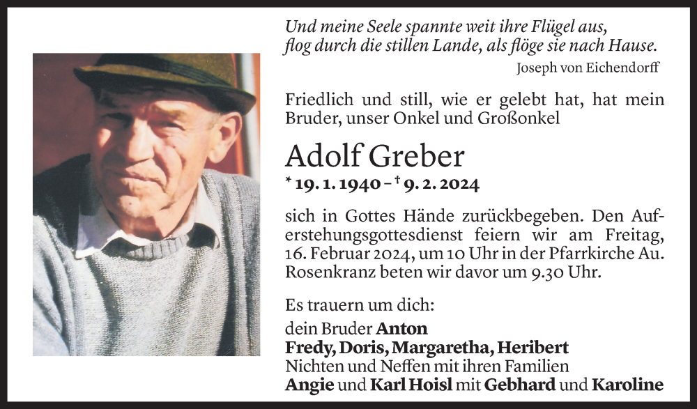  Todesanzeige für Adolf Greber vom 14.02.2024 aus Vorarlberger Nachrichten