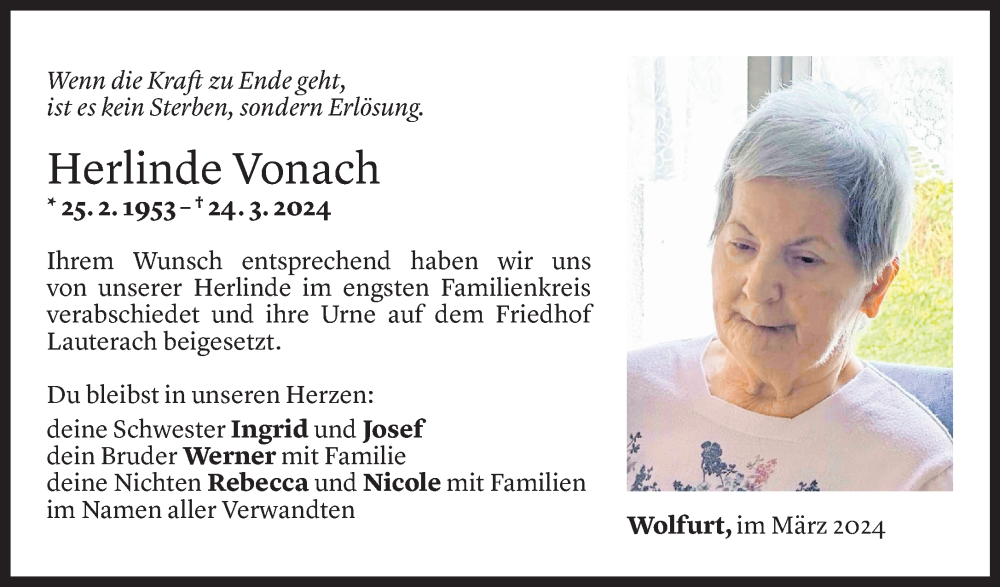  Todesanzeige für Herlinde Vonach vom 30.03.2024 aus Vorarlberger Nachrichten