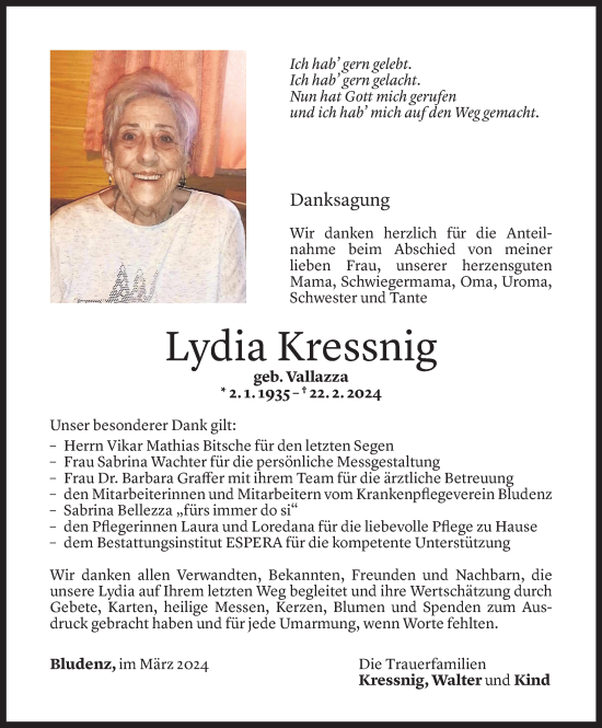 Todesanzeige von Lydia Kressnig von Vorarlberger Nachrichten