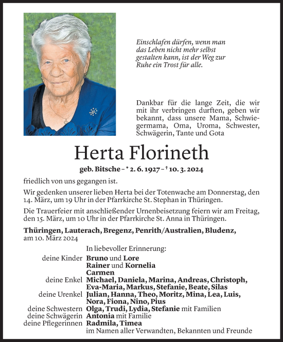 Todesanzeige von Herta Florineth von Vorarlberger Nachrichten