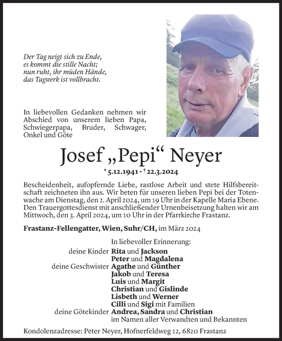Todesanzeige von Josef Neyer von Vorarlberger Nachrichten