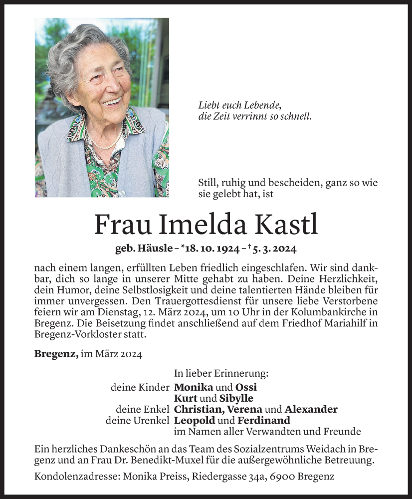  Todesanzeige für Imelda Kastl vom 07.03.2024 aus Vorarlberger Nachrichten