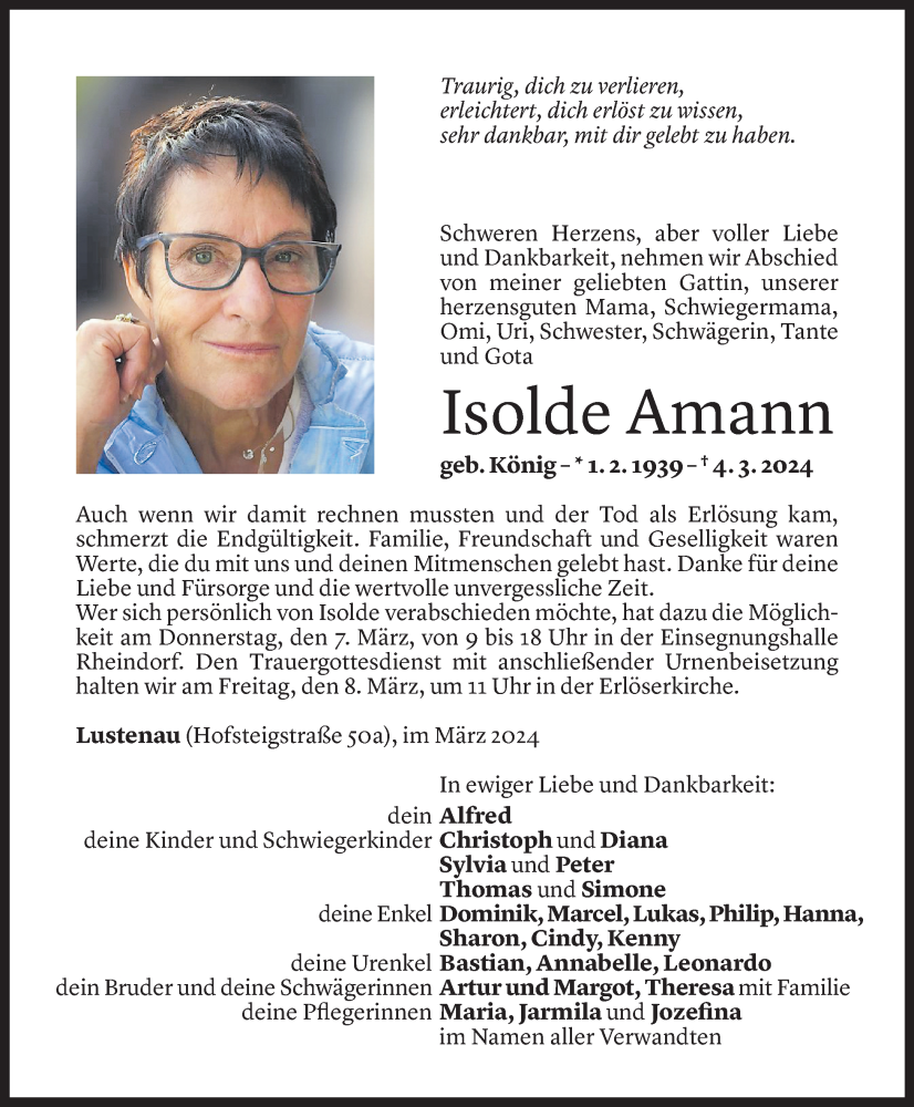  Todesanzeige für Isolde Amann vom 06.03.2024 aus Vorarlberger Nachrichten