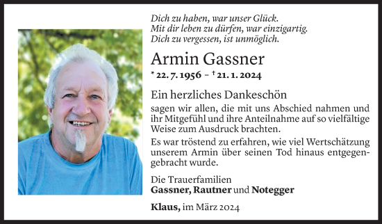 Todesanzeige von Armin Gassner von Vorarlberger Nachrichten