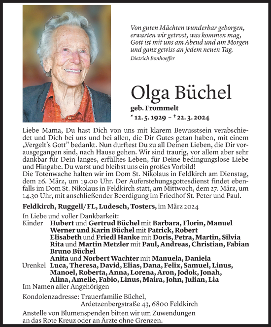 Todesanzeige von Olga Büchel von Vorarlberger Nachrichten