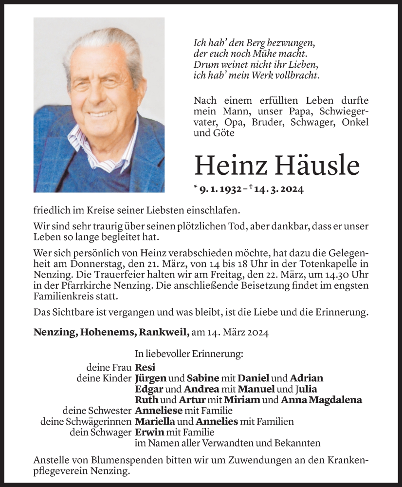  Todesanzeige für Heinz Häusle vom 19.03.2024 aus Vorarlberger Nachrichten