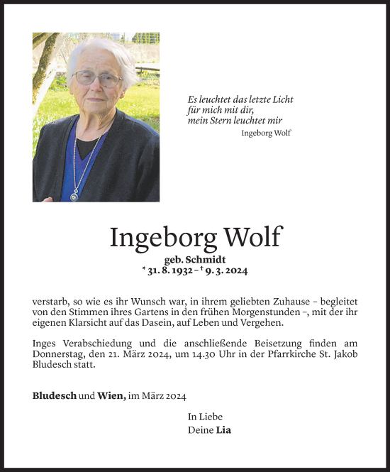Todesanzeige von Ingeborg Wolf von Vorarlberger Nachrichten