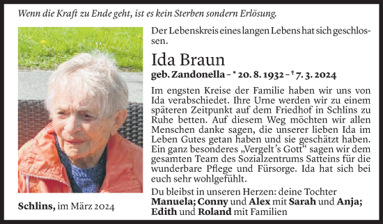 Todesanzeige von Ida Braun von Vorarlberger Nachrichten