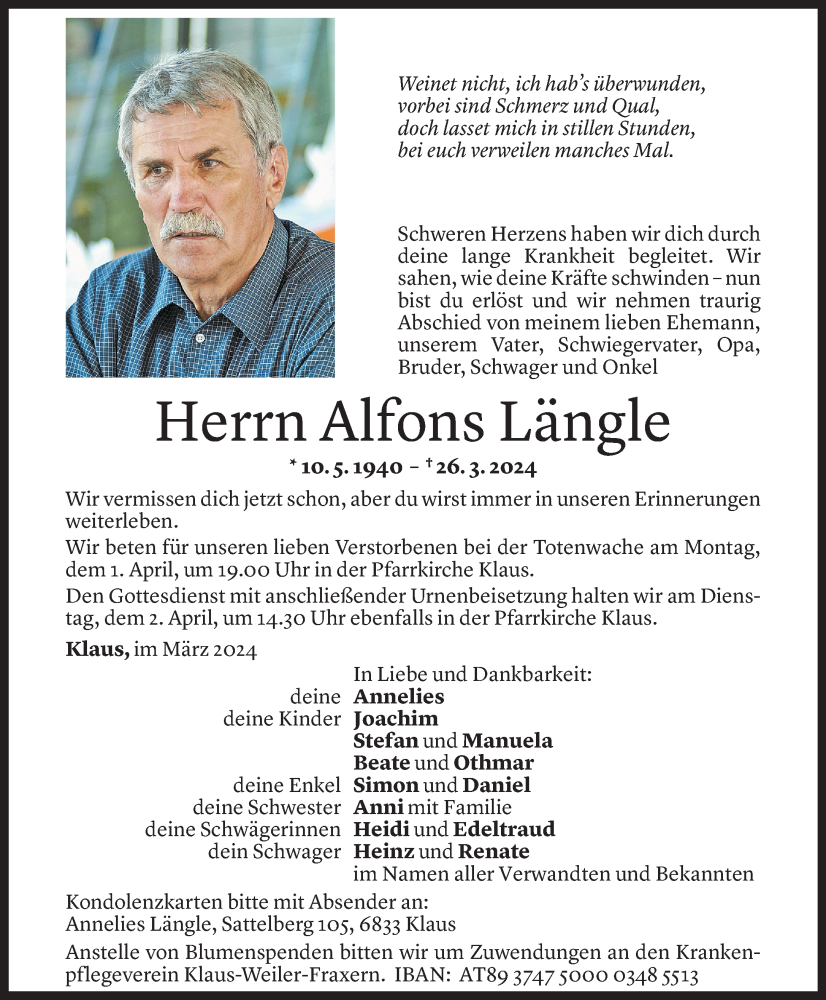  Todesanzeige für Alfons Längle vom 29.03.2024 aus Vorarlberger Nachrichten