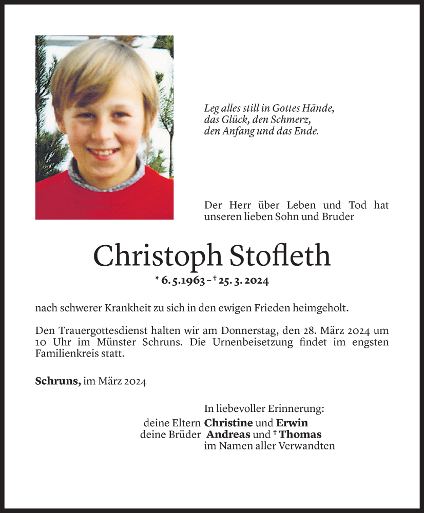  Todesanzeige für Christoph Stofleth vom 27.03.2024 aus Vorarlberger Nachrichten