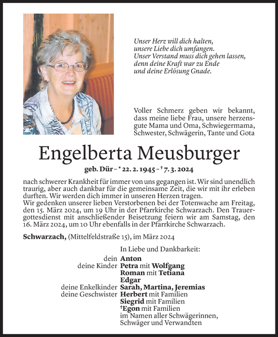 Todesanzeige von Engelberta Meusburger von Vorarlberger Nachrichten