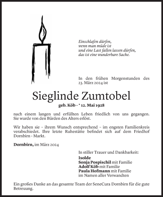 Todesanzeige von Sieglinde Zumtobel, von Vorarlberger Nachrichten