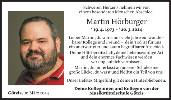 Todesanzeige von Martin Hörburger von Vorarlberger Nachrichten