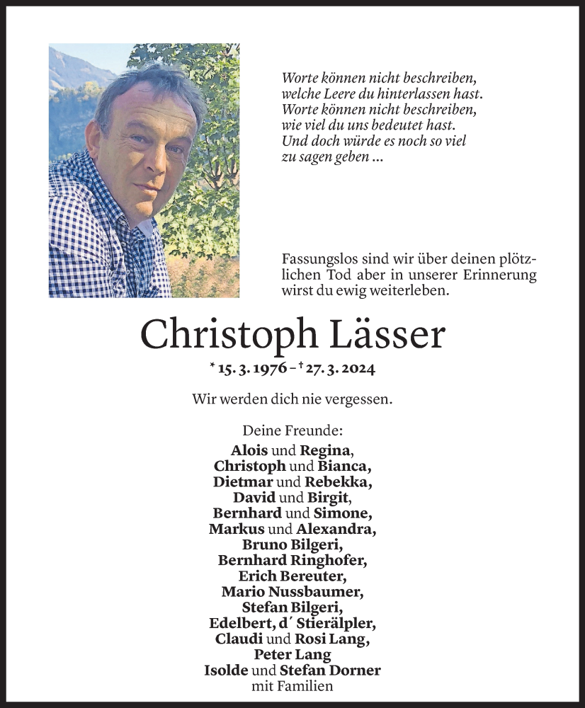  Todesanzeige für Christoph Lässer vom 30.03.2024 aus Vorarlberger Nachrichten