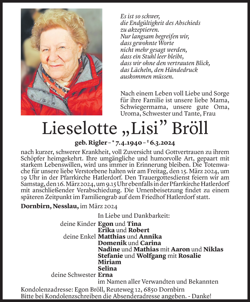  Todesanzeige für Lieselotte Bröll vom 13.03.2024 aus Vorarlberger Nachrichten