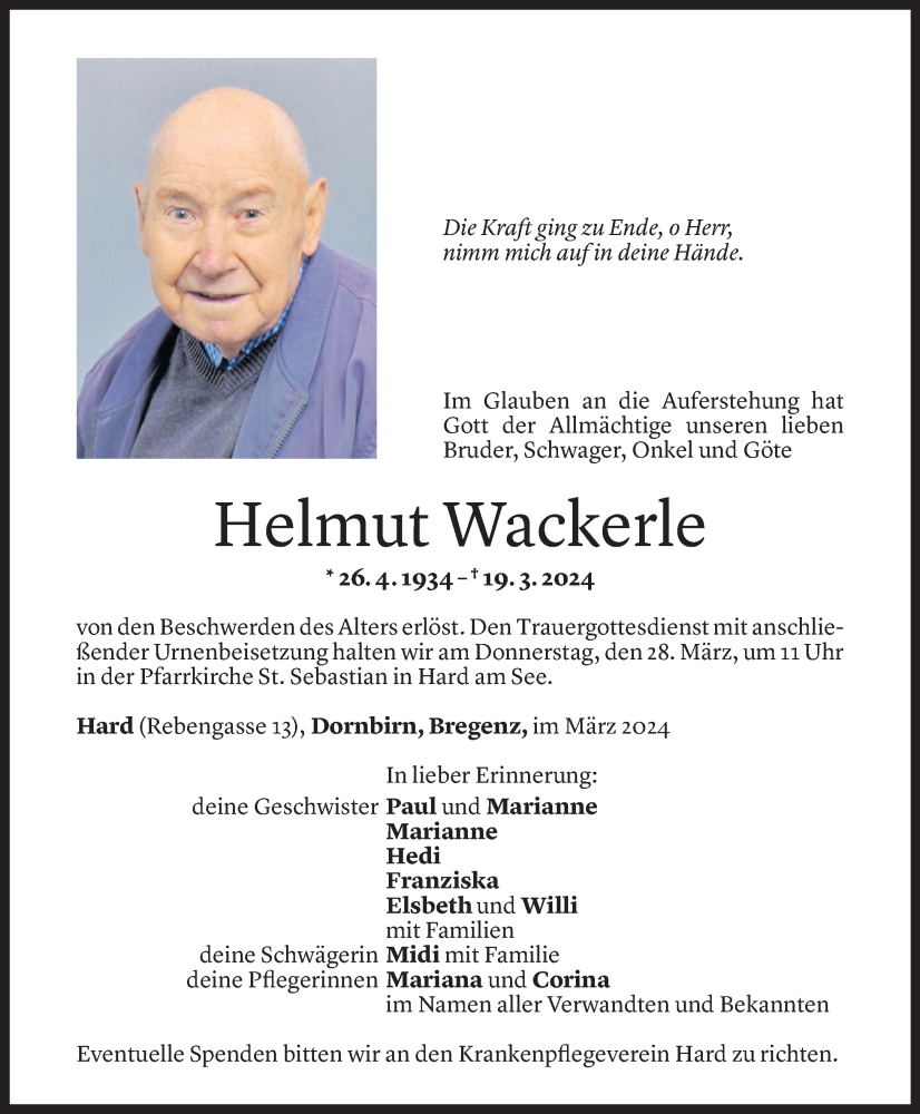  Todesanzeige für Helmut Wackerle vom 26.03.2024 aus Vorarlberger Nachrichten